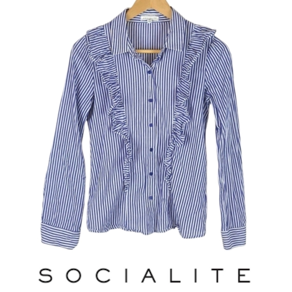 Pinstripe Dress Shirt Ruffle Blue White, XS
